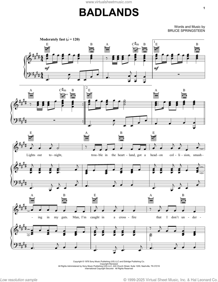 Badlands sheet music for voice, piano or guitar by Bruce Springsteen, intermediate skill level
