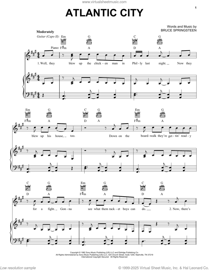 Atlantic City sheet music for voice, piano or guitar by Bruce Springsteen, intermediate skill level