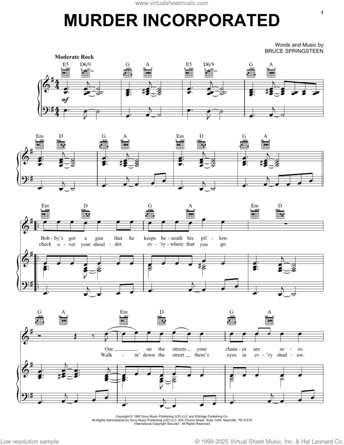 Murder Incorporated sheet music for voice, piano or guitar by Bruce Springsteen, intermediate skill level