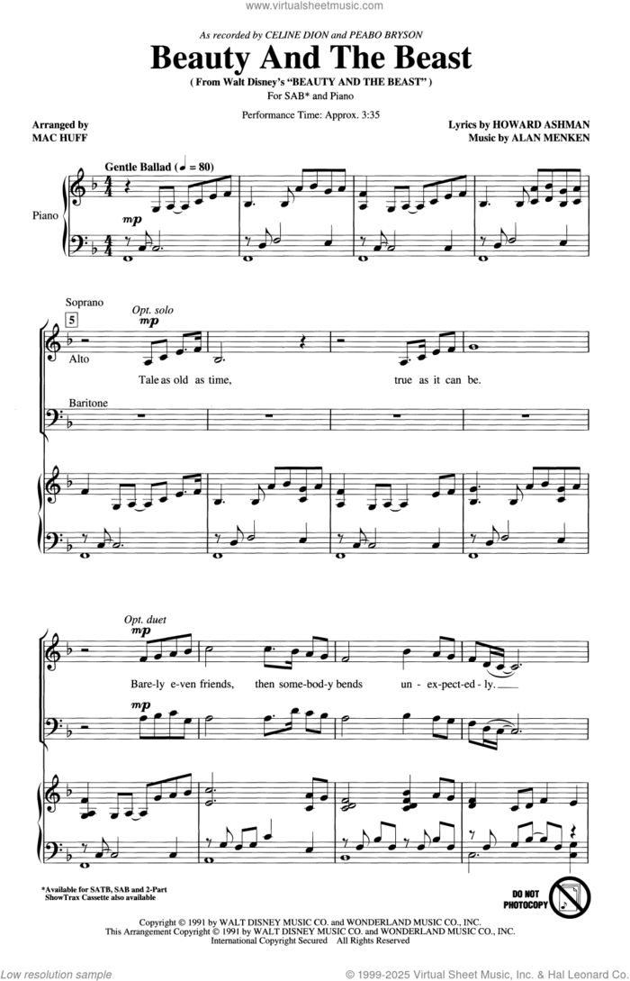 Beauty And The Beast (arr. Mac Huff) sheet music for choir (SAB: soprano, alto, bass) by Celine Dion & Peabo Bryson, Mac Huff, Alan Menken and Howard Ashman, intermediate skill level