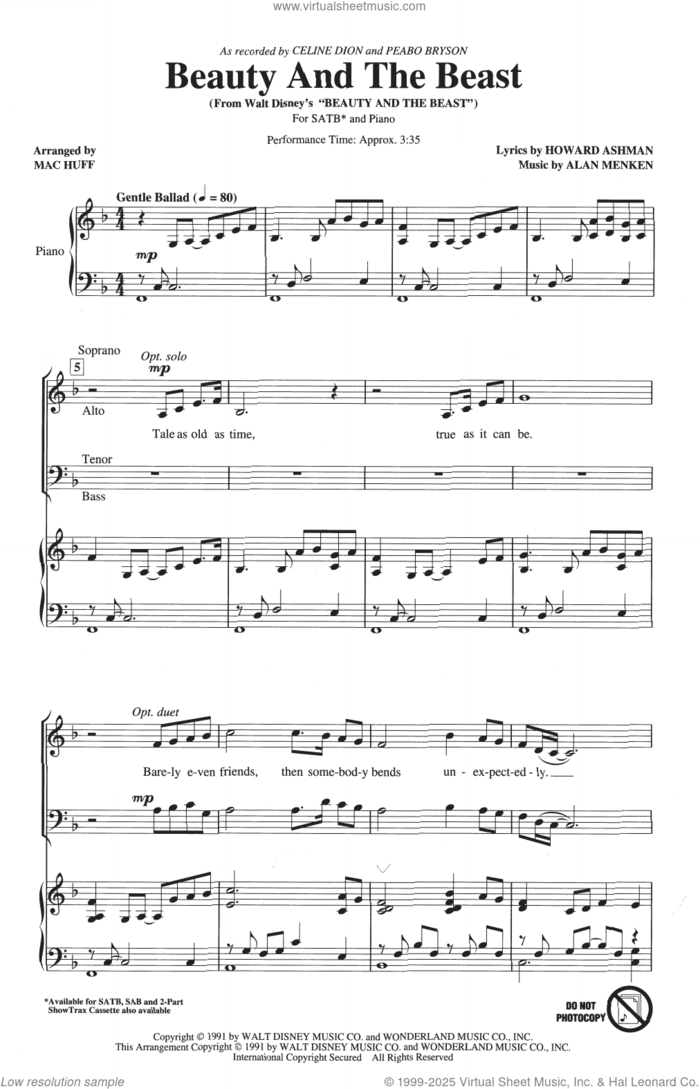 Beauty And The Beast (arr. Mac Huff) sheet music for choir (SATB: soprano, alto, tenor, bass) by Celine Dion & Peabo Bryson, Mac Huff, Alan Menken and Howard Ashman, intermediate skill level