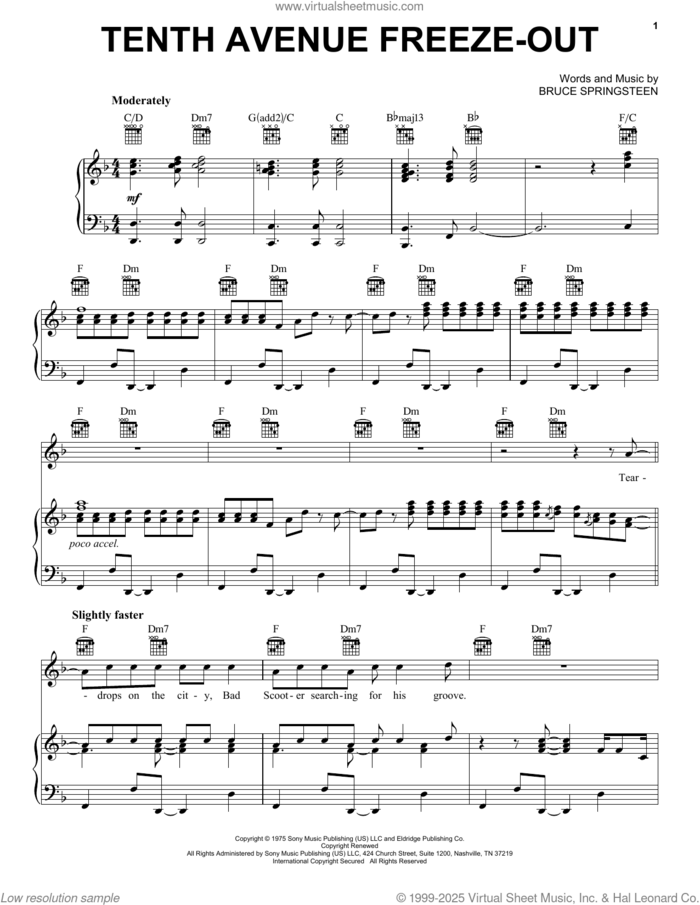 Tenth Avenue Freeze-Out sheet music for voice, piano or guitar by Bruce Springsteen, intermediate skill level