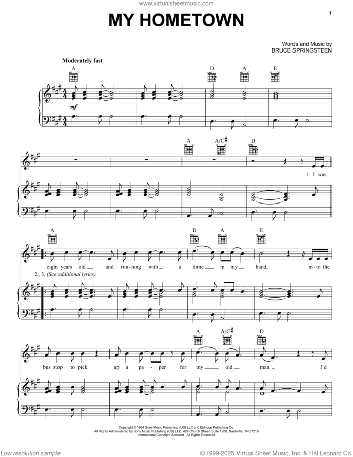 My Hometown sheet music for voice, piano or guitar by Bruce Springsteen, intermediate skill level