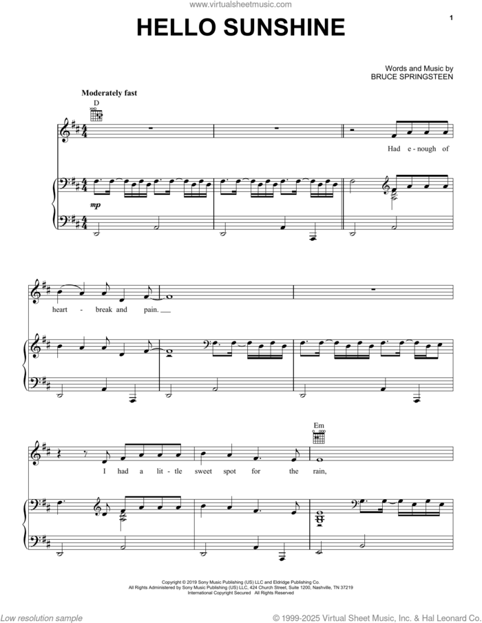Hello Sunshine sheet music for voice, piano or guitar by Bruce Springsteen, intermediate skill level