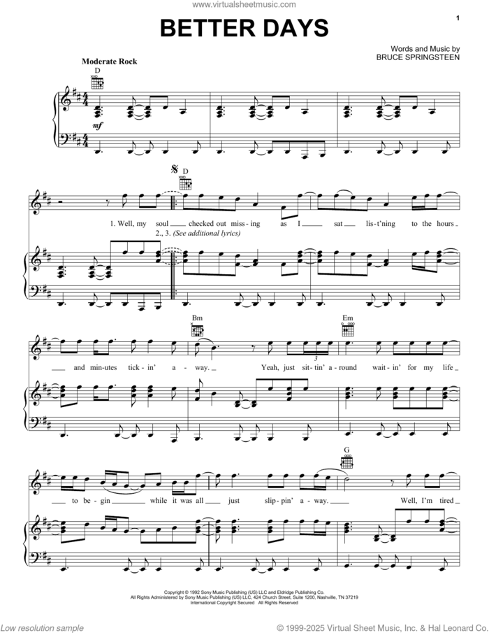 Better Days sheet music for voice, piano or guitar by Bruce Springsteen, intermediate skill level
