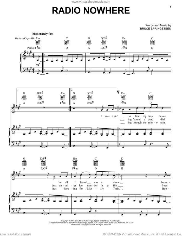 Radio Nowhere sheet music for voice, piano or guitar by Bruce Springsteen, intermediate skill level