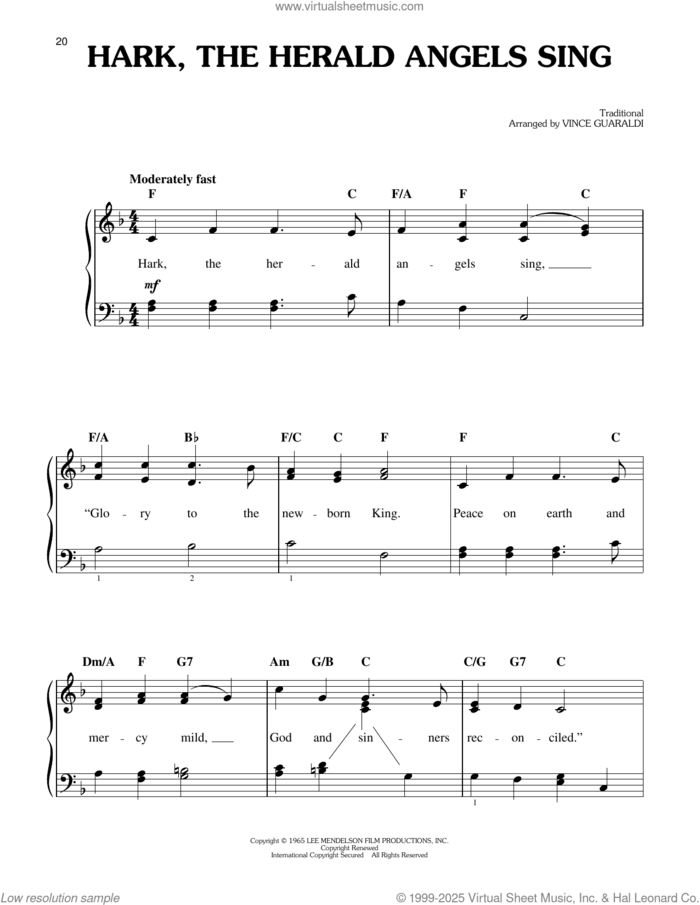Hark, The Herald Angels Sing (from A Charlie Brown Christmas) sheet music for piano solo by Vince Guaraldi, easy skill level