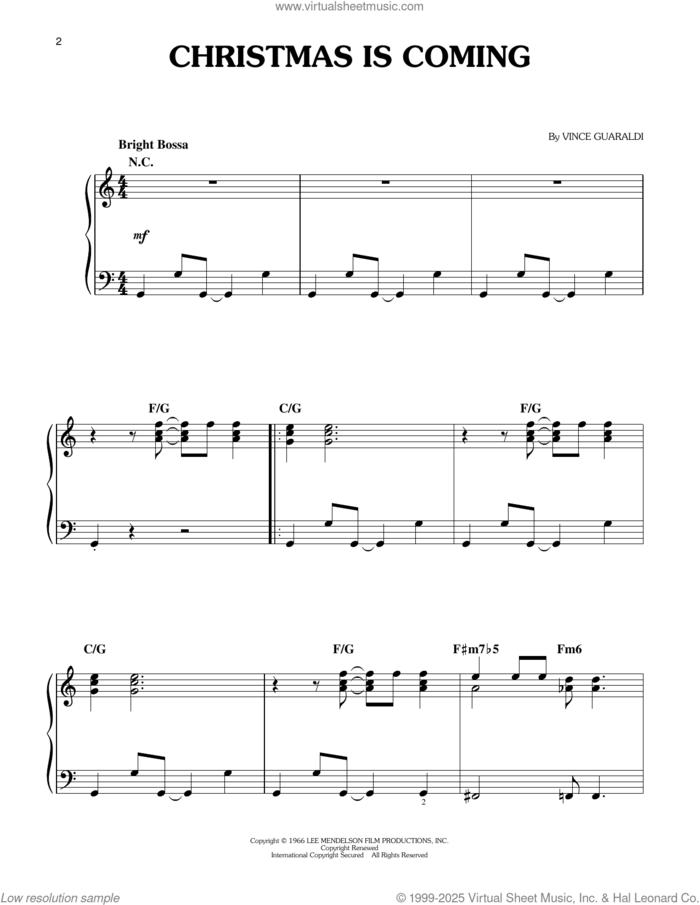 Christmas Is Coming (from A Charlie Brown Christmas) sheet music for piano solo by Vince Guaraldi, easy skill level