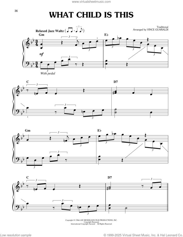 What Child Is This (from A Charlie Brown Christmas) sheet music for piano solo by Vince Guaraldi, easy skill level