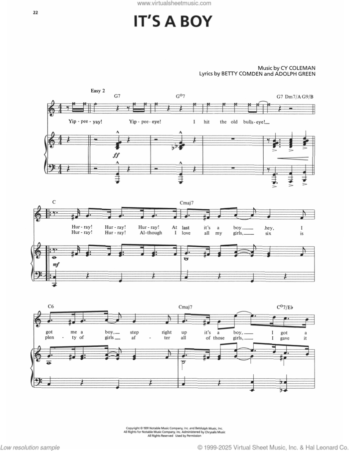It's A Boy (from The Will Rogers Follies) sheet music for voice and piano by Adolph Green, Betty Comden and Cy Coleman, intermediate skill level