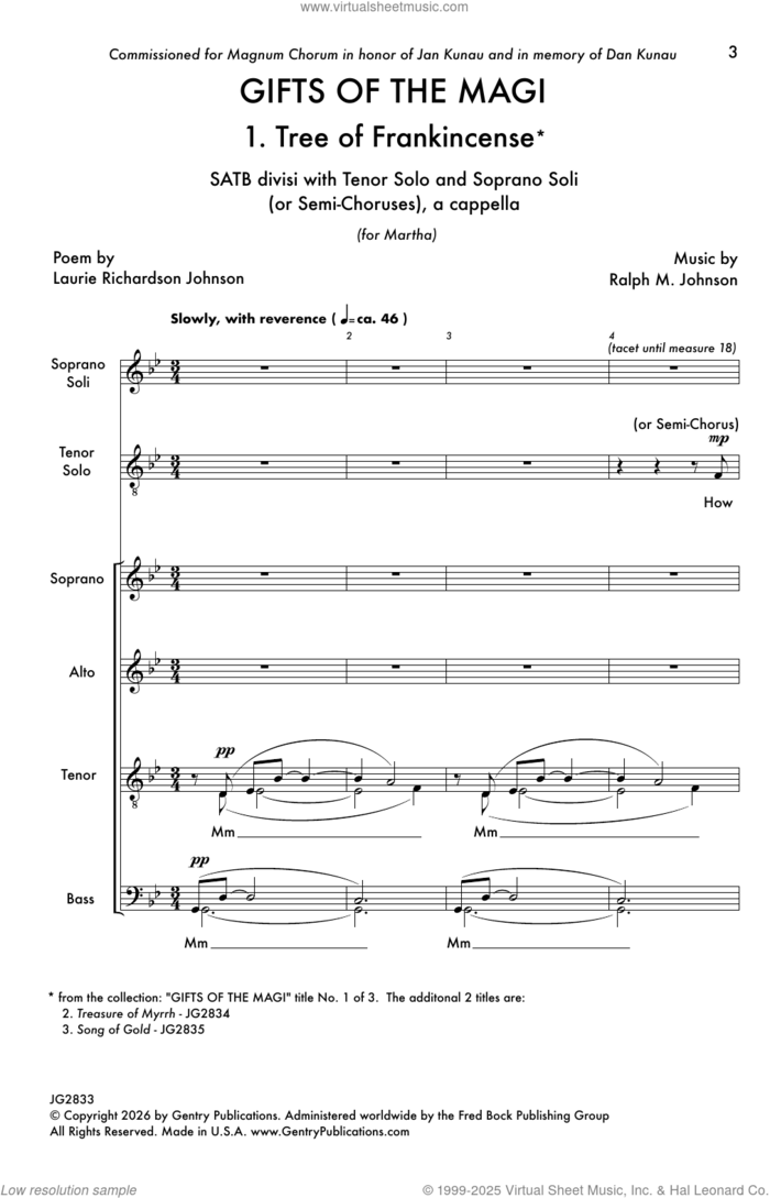 Gifts Of The Magi - 1. Tree Of Frankincense sheet music for choir (SATB: soprano, alto, tenor, bass) by Ralph M. Johnson and Laurie Richardson Johnson, intermediate skill level