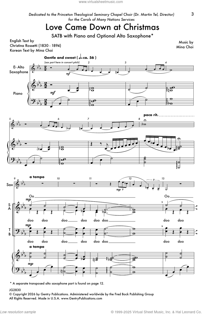 Love Came Down at Christmas sheet music for choir (SATB: soprano, alto, tenor, bass) by Christina Rossetti and Mina Choi, intermediate skill level