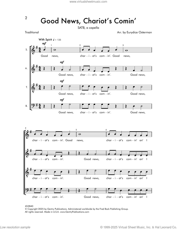 Good News, Chariot's Comin' sheet music for choir (SATB: soprano, alto, tenor, bass) by Eurydice V. Osterman, intermediate skill level