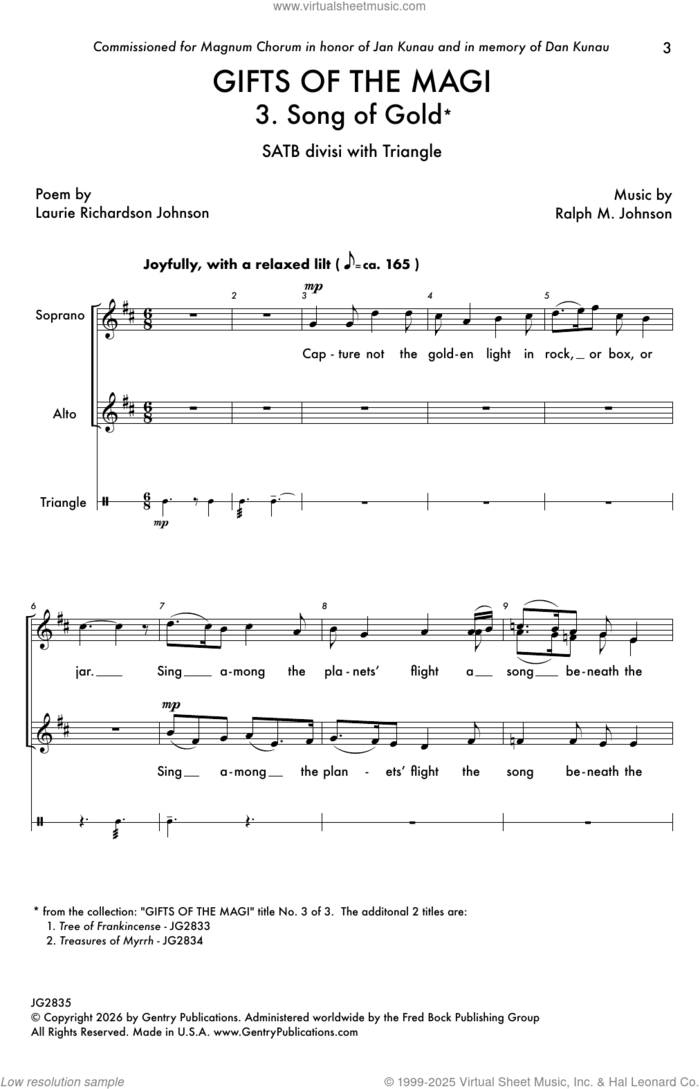 Gifts Of The Magi - 3. Song Of Gold sheet music for choir (SATB: soprano, alto, tenor, bass) by Ralph M. Johnson and Laurie Richardson Johnson, intermediate skill level