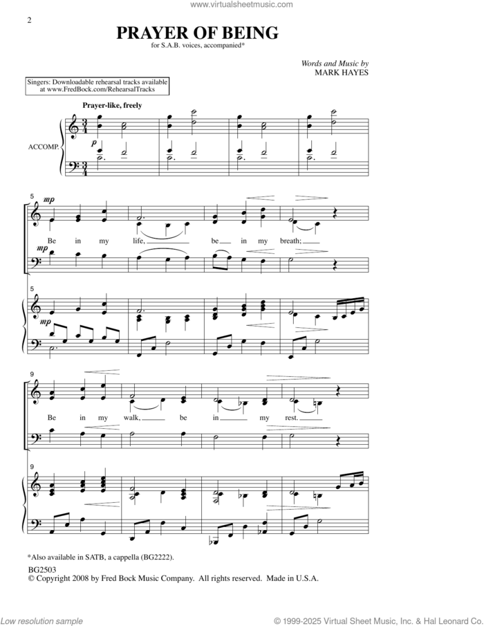 Prayer Of Being sheet music for choir (SAB: soprano, alto, bass) by Mark Hayes, intermediate skill level