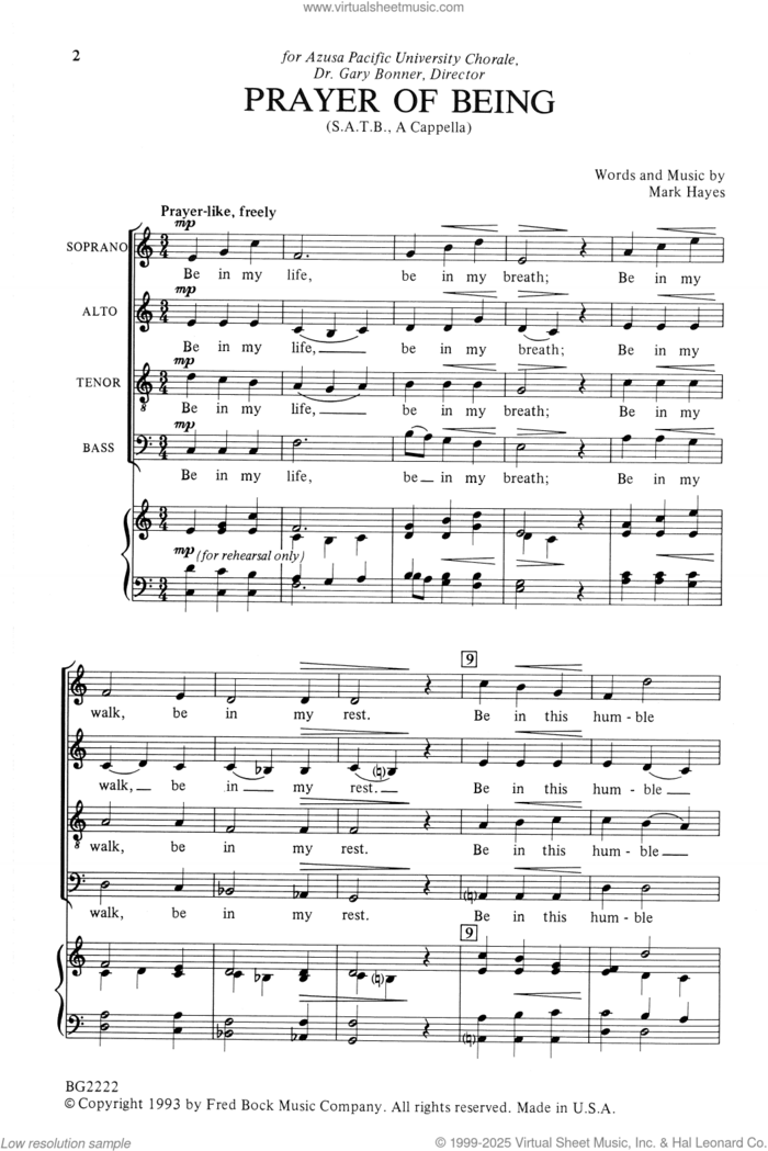 Prayer Of Being sheet music for choir (SATB: soprano, alto, tenor, bass) by Mark Hayes, intermediate skill level