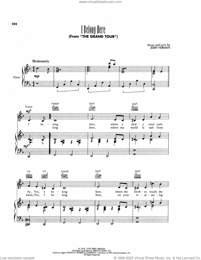 I Belong Here (from The Grand Tour) sheet music for voice, piano or guitar by Jerry Herman, intermediate skill level