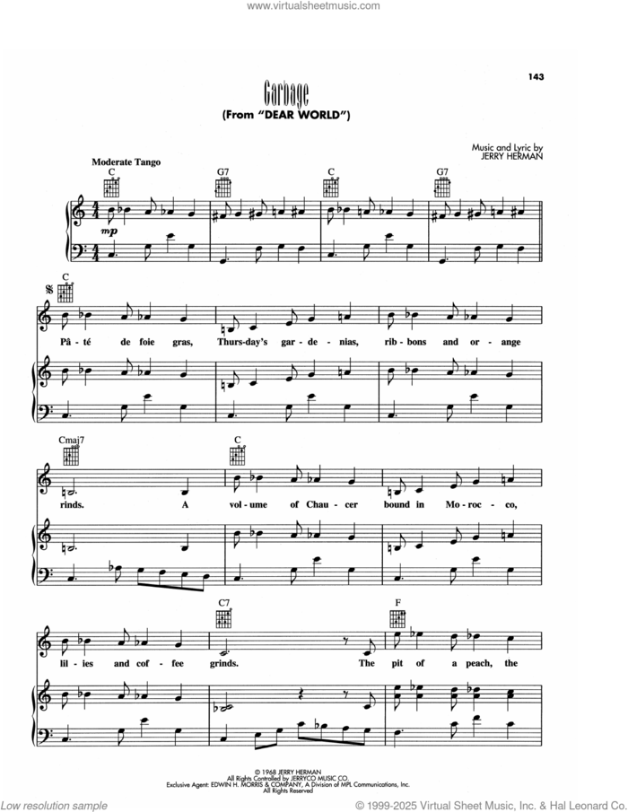 Garbage (from Dear World) sheet music for voice, piano or guitar by Jerry Herman, intermediate skill level