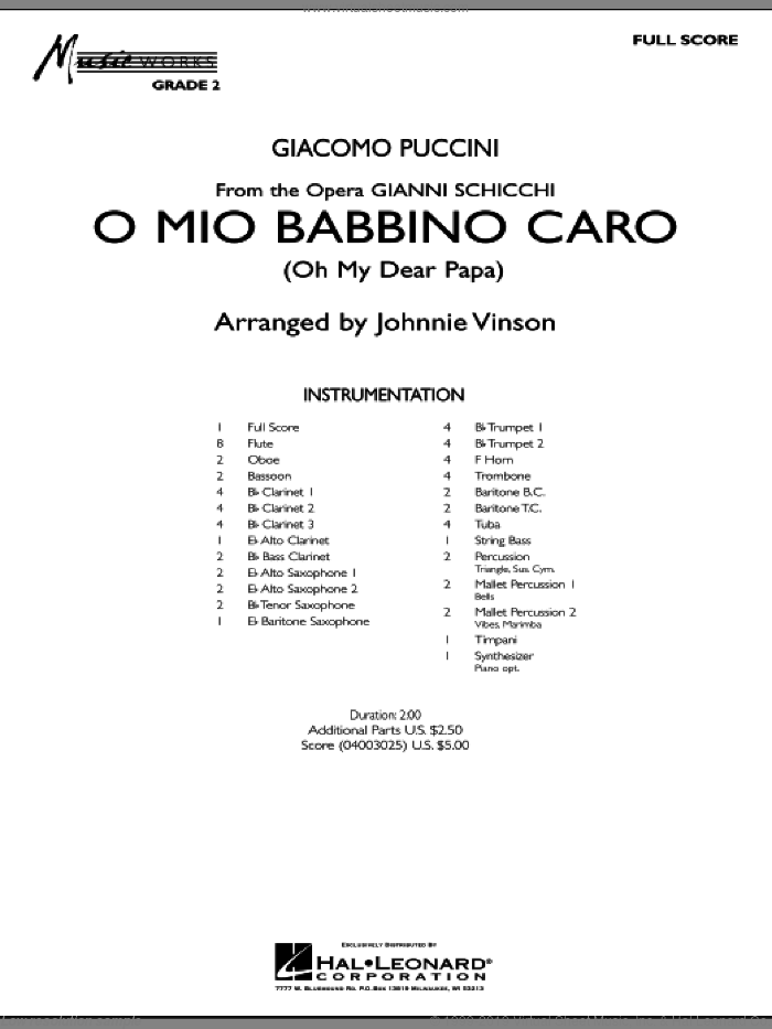 O Mio Babbino Caro (COMPLETE) sheet music for concert band by Johnnie Vinson and Giacomo Puccini, intermediate skill level