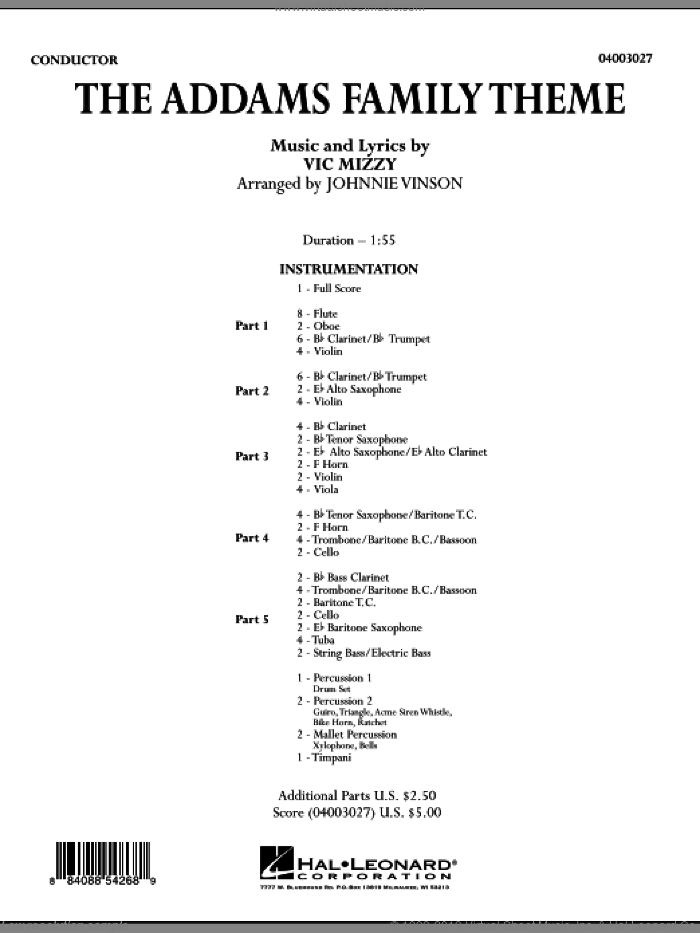 The Addams Family Theme (COMPLETE) sheet music for concert band by Vic Mizzy and Johnnie Vinson, intermediate skill level