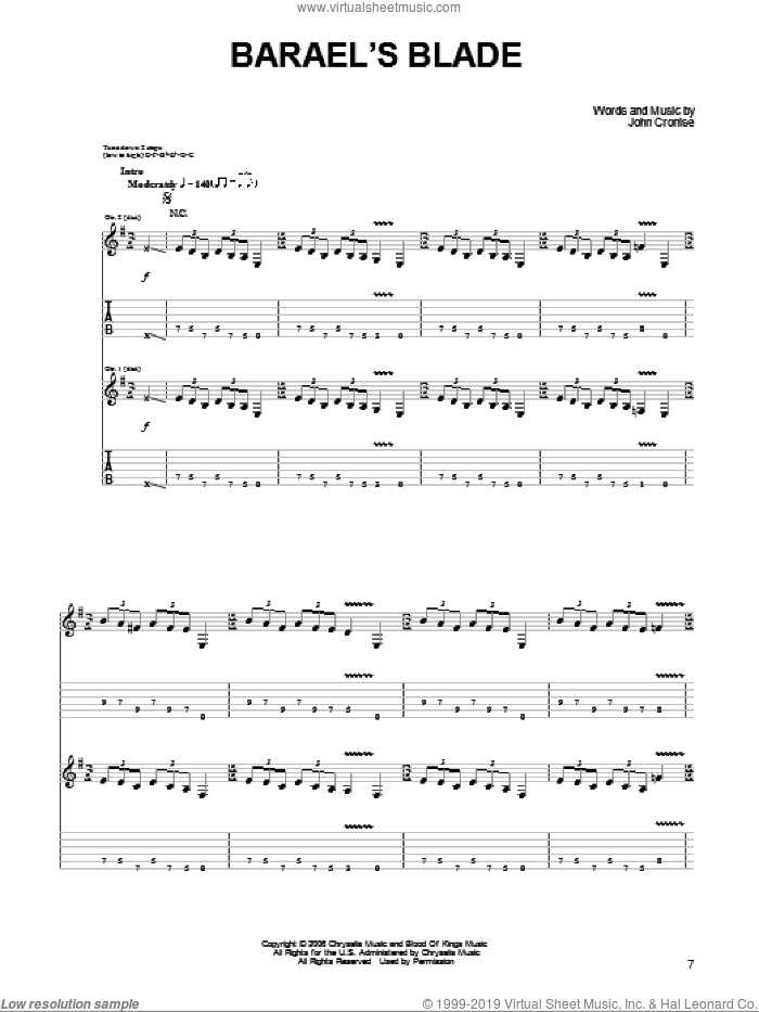 Barael's Blade sheet music for guitar (tablature) by The Sword and John Cronise, intermediate skill level