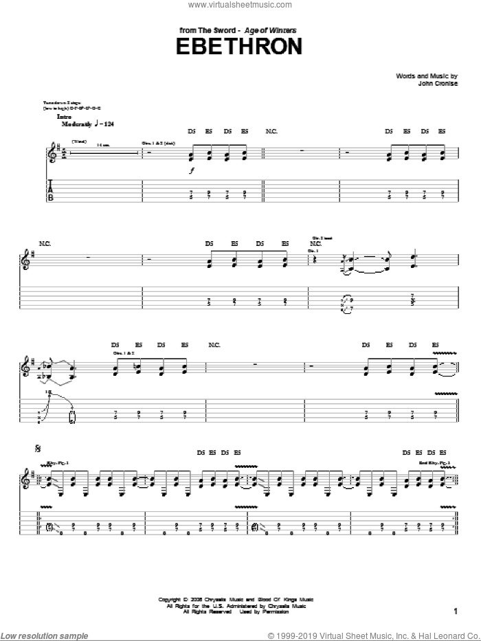 Ebethron sheet music for guitar (tablature) by The Sword and John Cronise, intermediate skill level