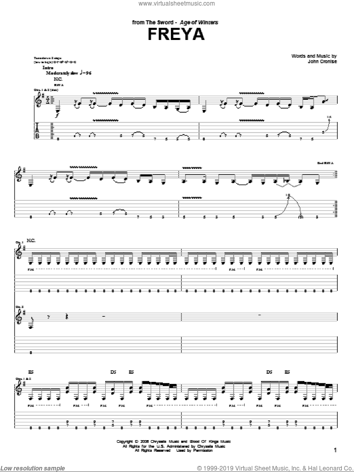 Freya sheet music for guitar (tablature) by The Sword and John Cronise, intermediate skill level
