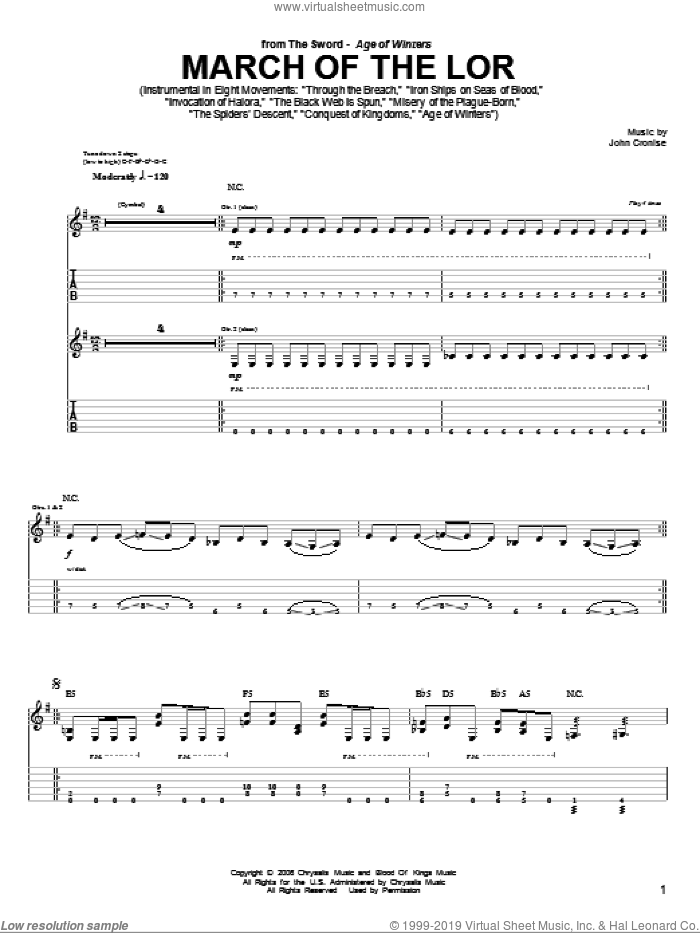 March Of The Lor sheet music for guitar (tablature) by The Sword and John Cronise, intermediate skill level
