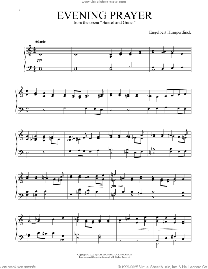 Evening Prayer, (easy) sheet music for piano solo by Engelbert Humperdinck, easy skill level