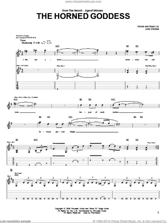 The Horned Goddess sheet music for guitar (tablature) by The Sword and John Cronise, intermediate skill level