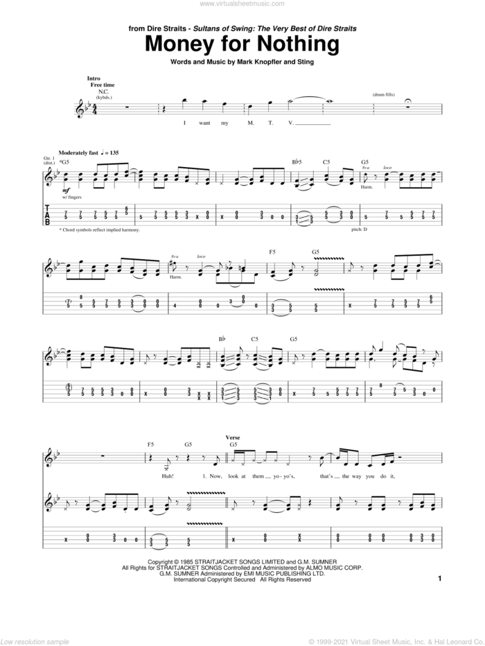 Money For Nothing sheet music for guitar (tablature) by Dire Straits, Mark Knopfler and Sting, intermediate skill level