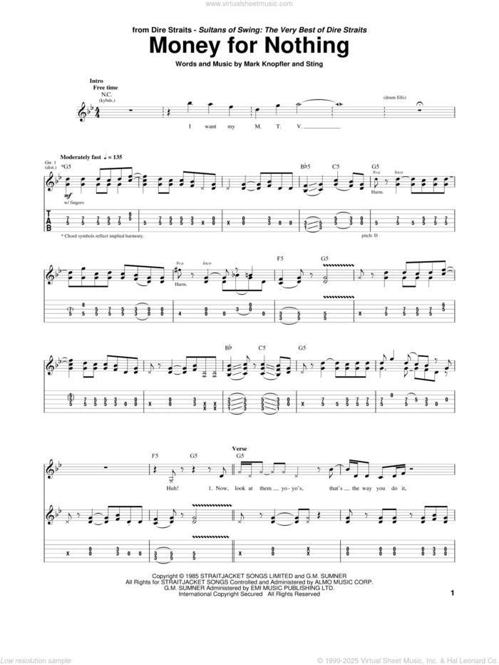 Money For Nothing sheet music for guitar (tablature) by Dire Straits, Mark Knopfler and Sting, intermediate skill level