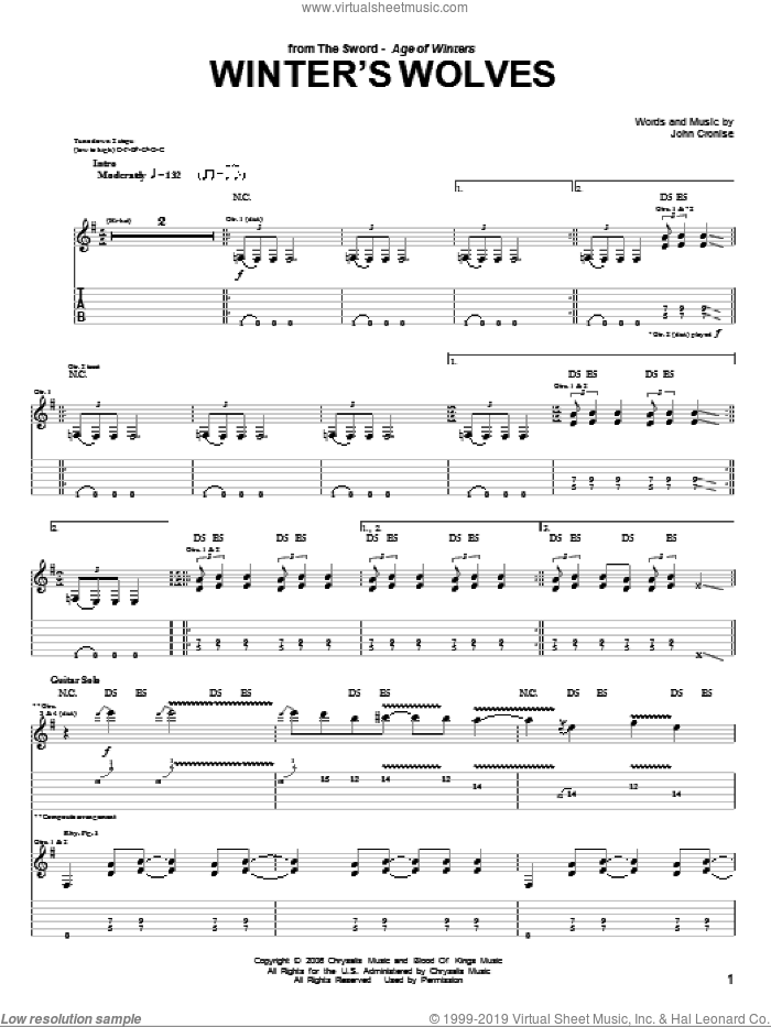 Winter's Wolves sheet music for guitar (tablature) by The Sword and John Cronise, intermediate skill level