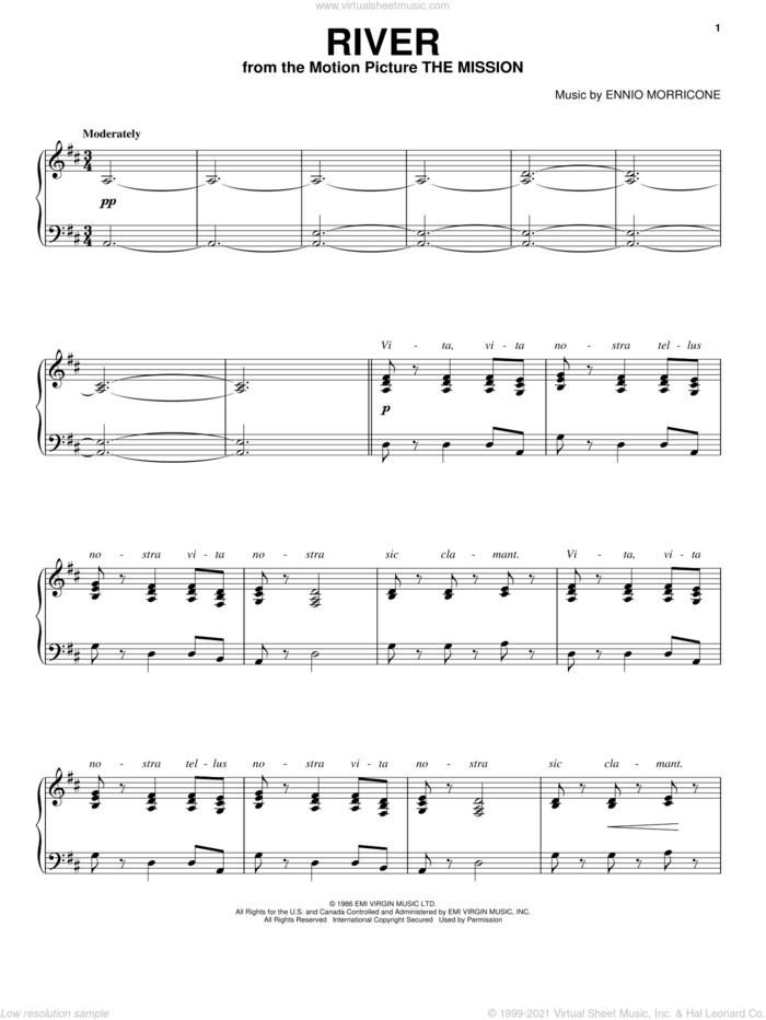 River sheet music for voice, piano or guitar by Ennio Morricone, intermediate skill level