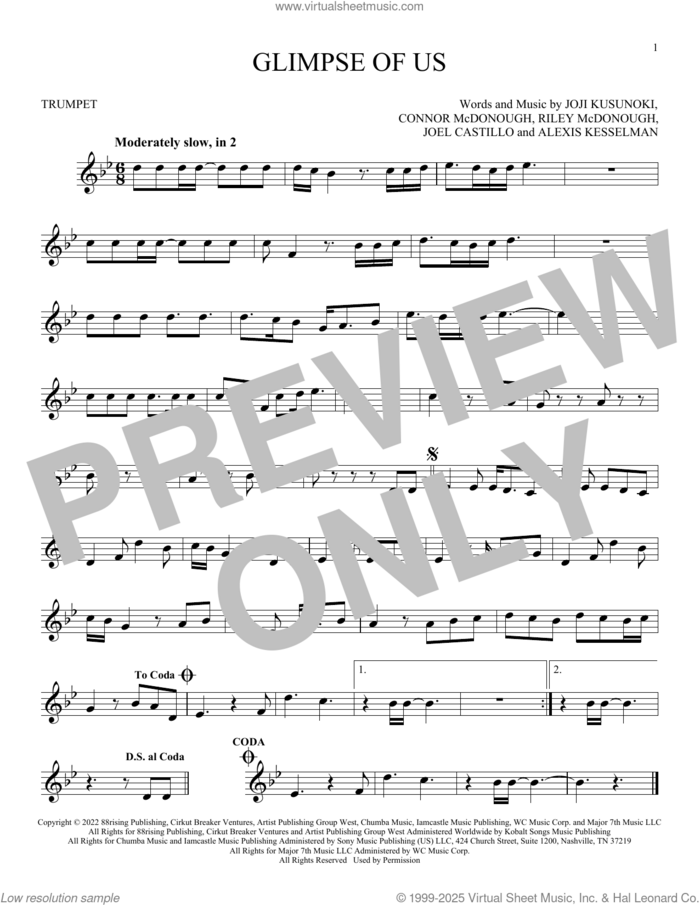 Glimpse Of Us sheet music for trumpet solo by Joji, Alexis Kesselman, Connor McDonough, Joel Castillo, Joji Kusunoki Miller and Riley McDonough, intermediate skill level