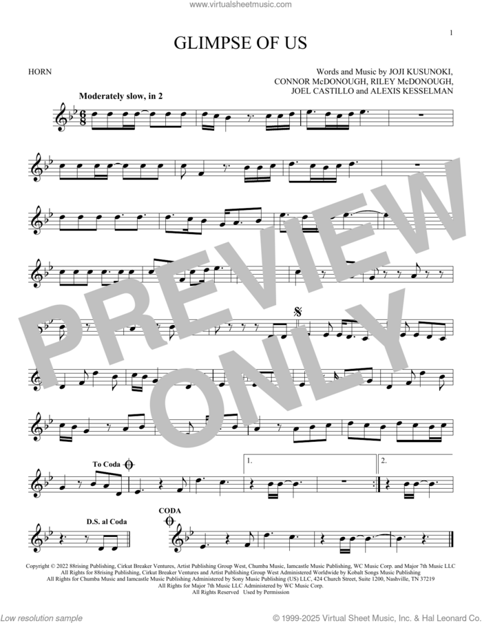 Glimpse Of Us sheet music for horn solo by Joji, Alexis Kesselman, Connor McDonough, Joel Castillo, Joji Kusunoki Miller and Riley McDonough, intermediate skill level