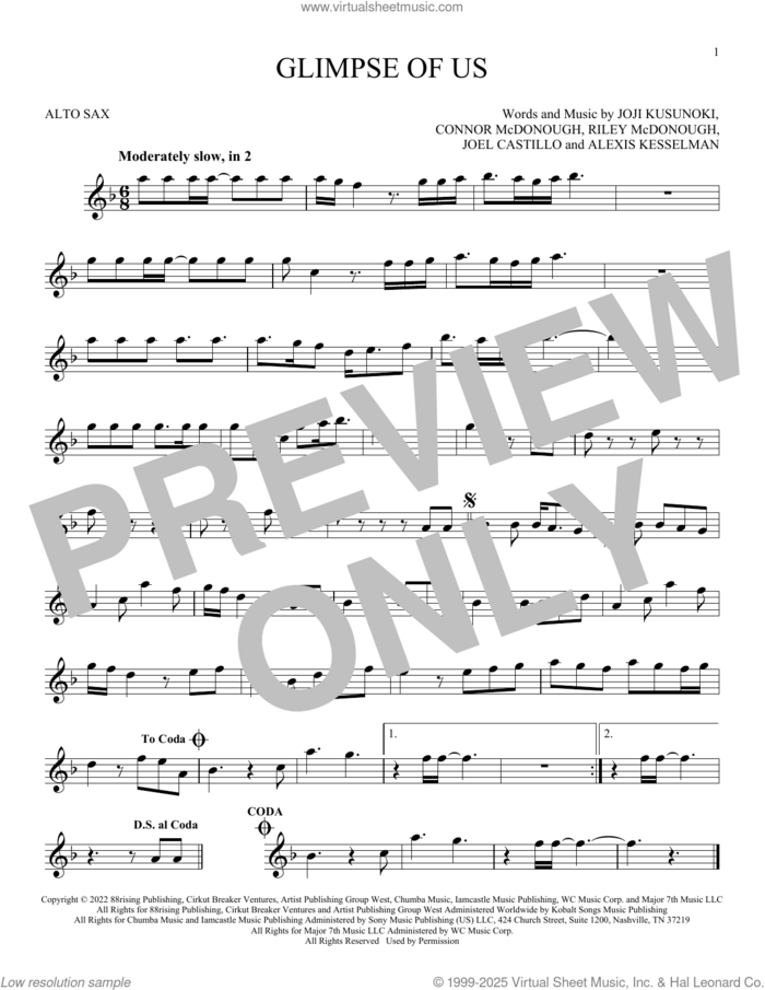 Glimpse Of Us sheet music for alto saxophone solo by Joji, Alexis Kesselman, Connor McDonough, Joel Castillo, Joji Kusunoki Miller and Riley McDonough, intermediate skill level