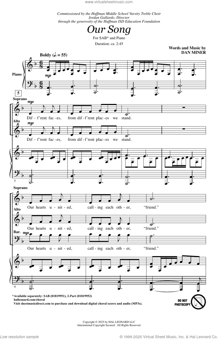 Our Song sheet music for choir (SAB: soprano, alto, bass) by Dan Miner, intermediate skill level