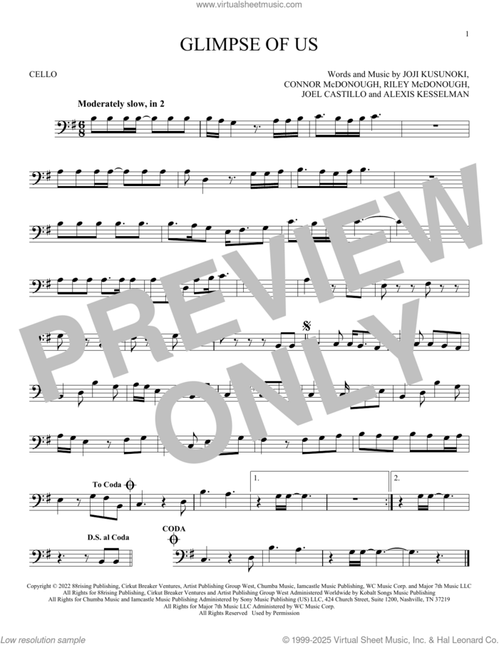 Glimpse Of Us sheet music for cello solo by Joji, Alexis Kesselman, Connor McDonough, Joel Castillo, Joji Kusunoki Miller and Riley McDonough, intermediate skill level