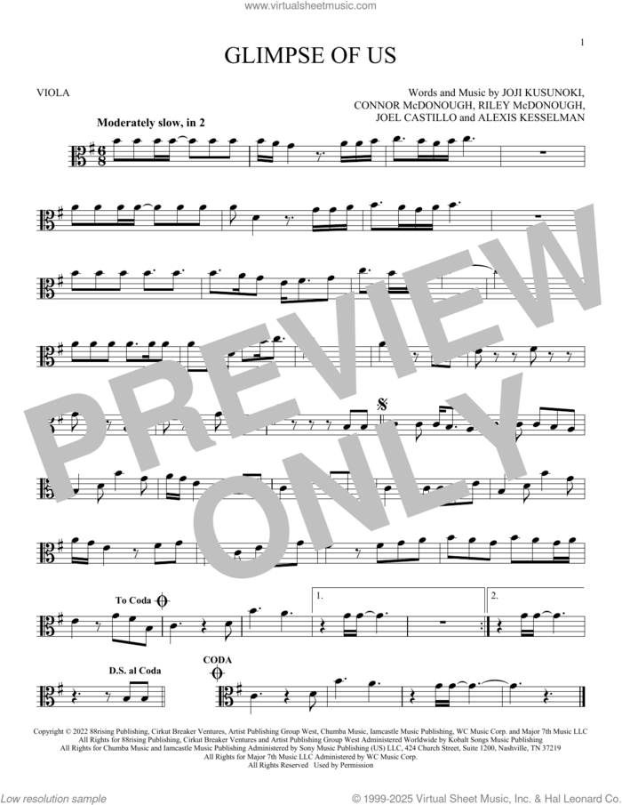 Glimpse Of Us sheet music for viola solo by Joji, Alexis Kesselman, Connor McDonough, Joel Castillo, Joji Kusunoki Miller and Riley McDonough, intermediate skill level