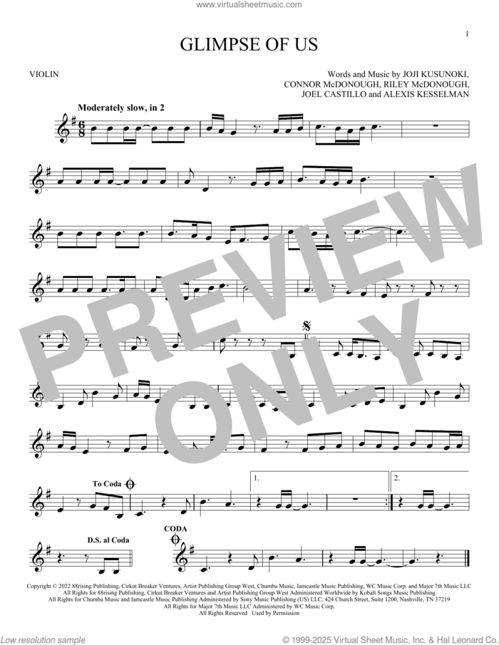 Glimpse Of Us sheet music for violin solo by Joji, Alexis Kesselman, Connor McDonough, Joel Castillo, Joji Kusunoki Miller and Riley McDonough, intermediate skill level