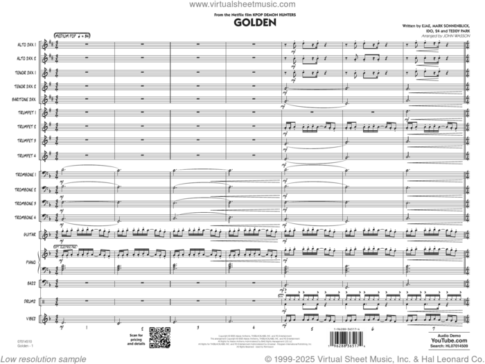 Golden (from Kpop Demon Hunters) (arr. John Wasson) (COMPLETE) sheet music for jazz band by John Wasson, 24, Ejae (Aka Kim Eun-Jae), Huntr/x (Ejae, Audrey Nuna and Rei Ami), Ido, Mark Sonnenblick and Teddy Park (Aka Park Hong-Jun), intermediate skill level