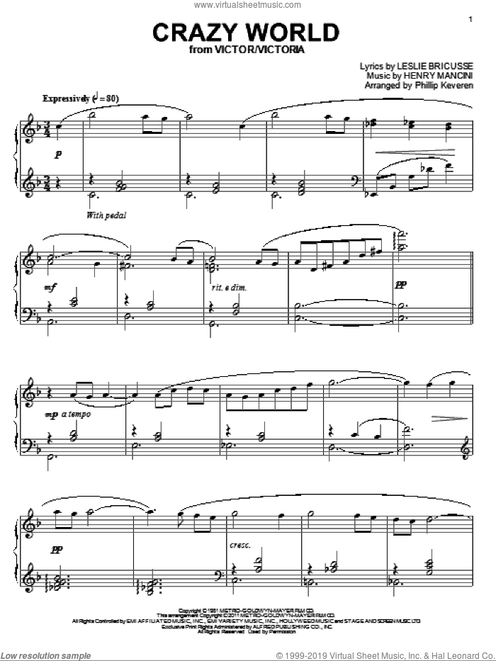 Crazy World (arr. Phillip Keveren) sheet music for piano solo by Henry Mancini, Phillip Keveren and Leslie Bricusse, intermediate skill level