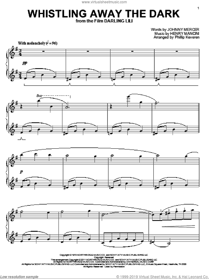 Whistling Away The Dark (arr. Phillip Keveren) sheet music for piano solo by Henry Mancini, Phillip Keveren and Johnny Mercer, intermediate skill level