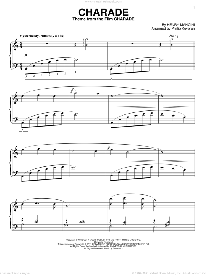 Charade (arr. Phillip Keveren) sheet music for piano solo by Henry Mancini and Phillip Keveren, intermediate skill level
