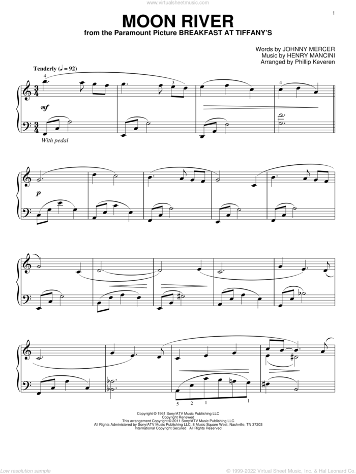 Moon River (arr. Phillip Keveren), (intermediate) sheet music for piano solo by Johnny Mercer, Phillip Keveren, Andy Williams and Henry Mancini, wedding score, intermediate skill level