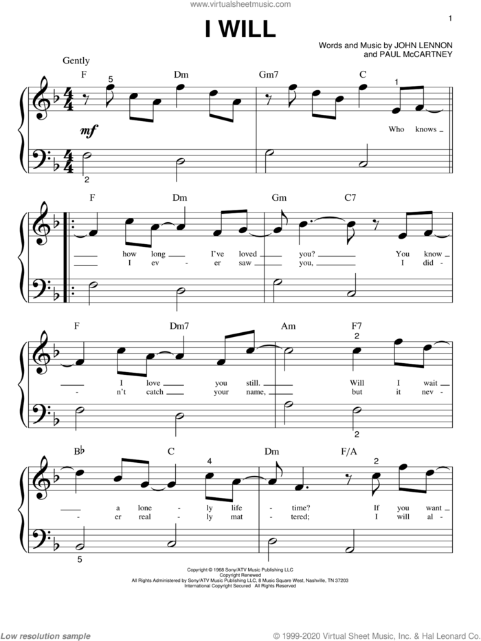 I Will sheet music for piano solo (big note book) by The Beatles, John Lennon and Paul McCartney, wedding score, easy piano (big note book)