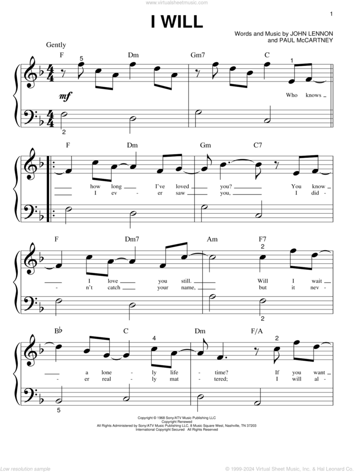 I Will sheet music for piano solo (big note book) by The Beatles, John Lennon and Paul McCartney, wedding score, easy piano (big note book)