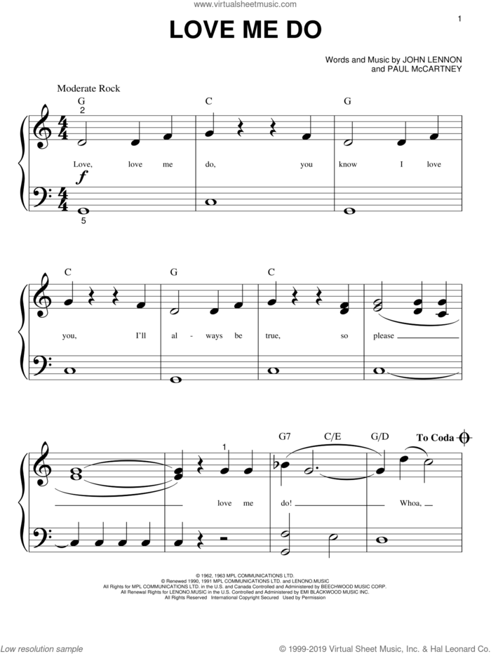 Love Me Do sheet music for piano solo (big note book) by The Beatles, John Lennon and Paul McCartney, easy piano (big note book)