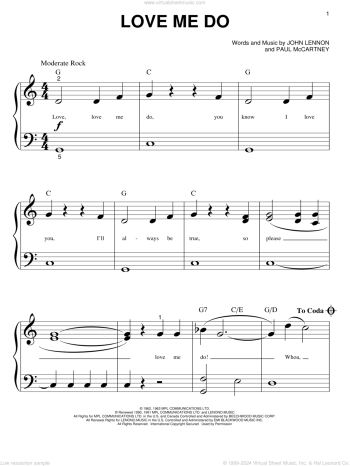 Love Me Do sheet music for piano solo (big note book) by The Beatles, John Lennon and Paul McCartney, easy piano (big note book)